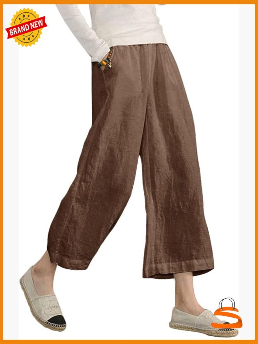 Linen Cropped Wide Leg Capri Pants Elastic Waist Drawstring Plus Size